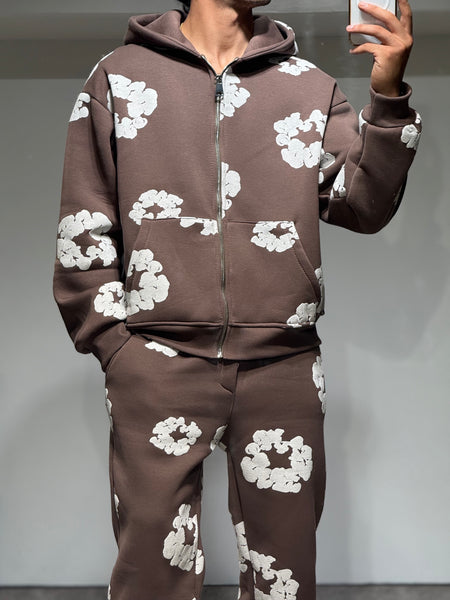 Ensemble Veste et Pantalon Jogging à Fleurs Choco et Blanc