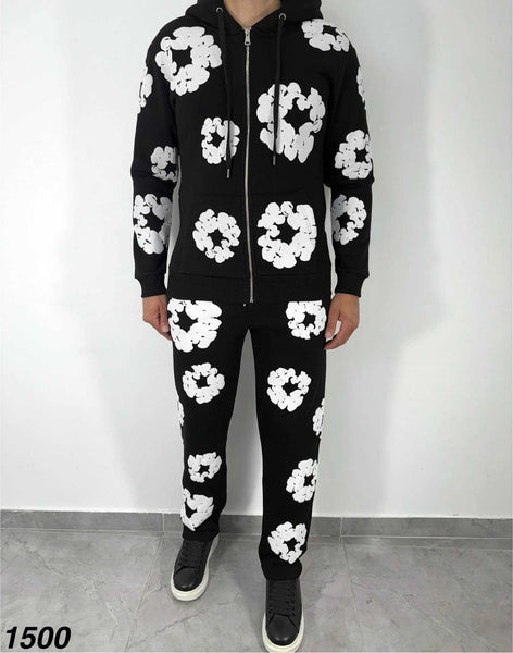 Ensemble Veste et Pantalon Jogging à Fleurs Noir et Blanc