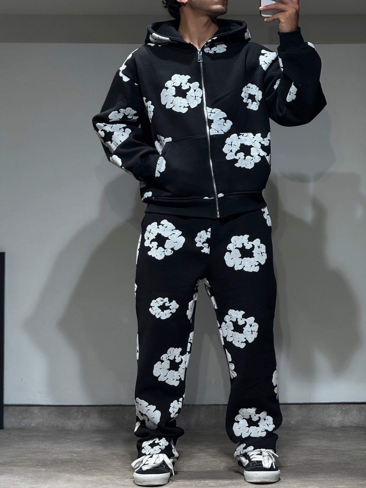 Ensemble Veste et Pantalon Jogging à Fleurs Noir et Blanc