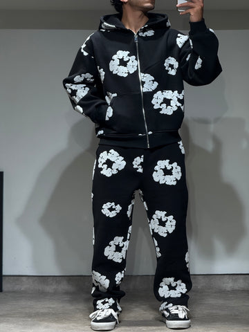 Ensemble Veste et Pantalon Jogging à Fleurs Noir et Blanc