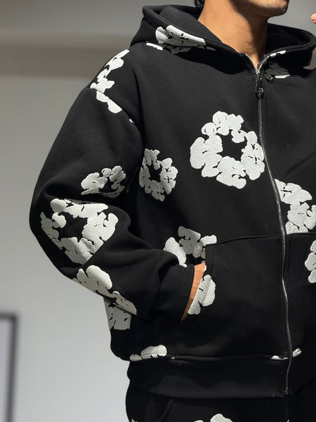 Ensemble Veste et Pantalon Jogging à Fleurs Noir et Blanc
