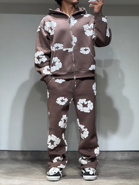 Ensemble Veste et Pantalon Jogging à Fleurs Choco et Blanc