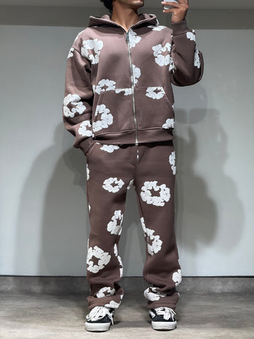 Ensemble Veste et Pantalon Jogging à Fleurs Choco et Blanc